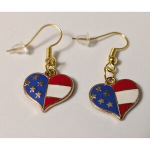 American Flag Heart Small Metal Dangle Earrings Gold-Tone USA Patriotic July 4th